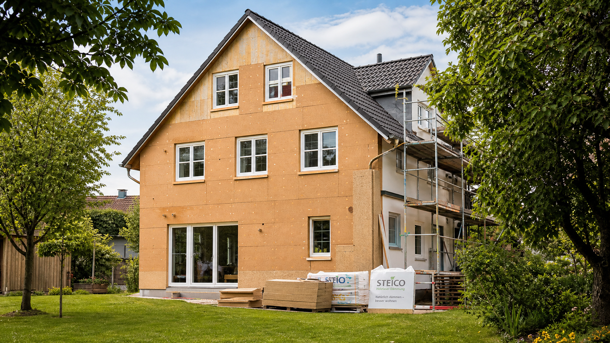 Professionelle Montage einer ökologischen Holzfaserdämmung an einer Hausfassade
