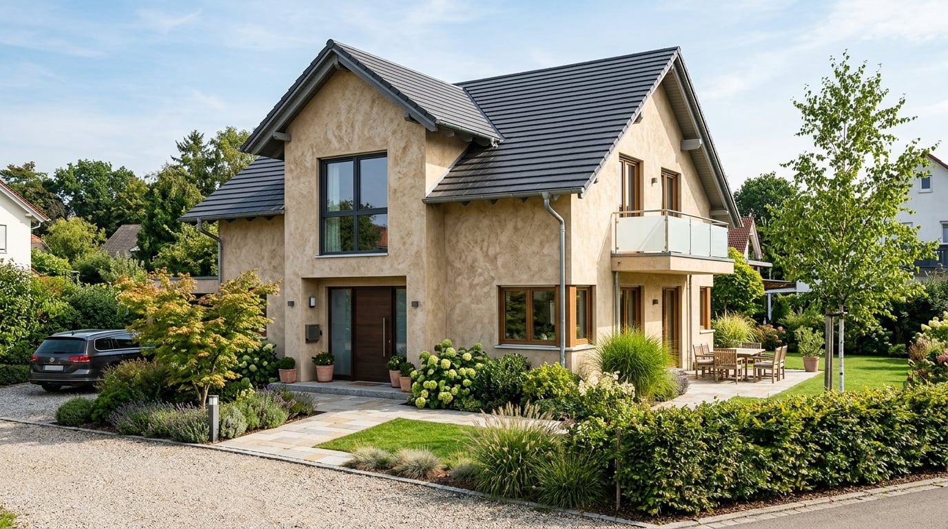 Hausfassade mit natürlichem mineralischem Putz in warmen Erdtönen