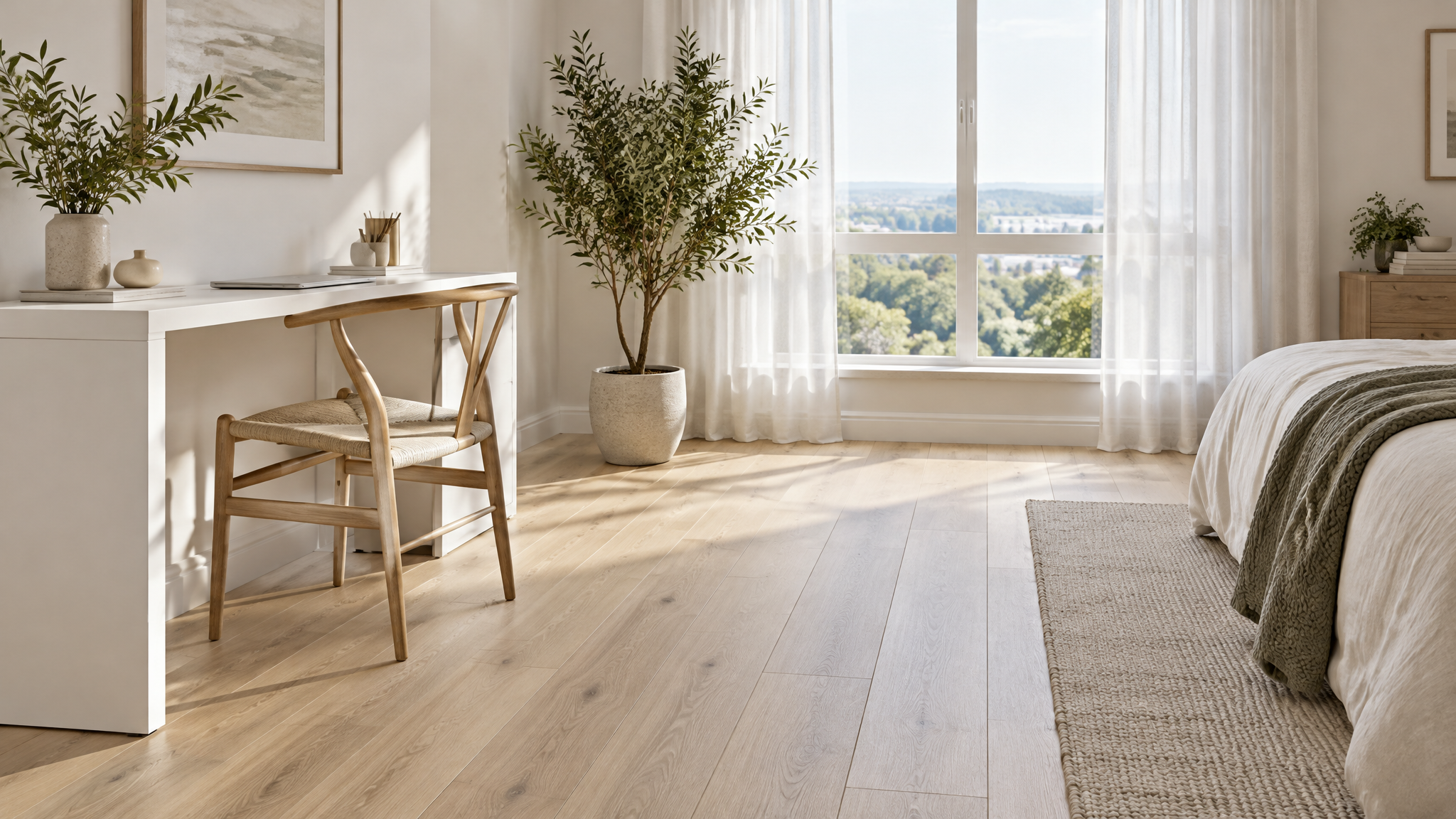 Heller moderner Raum mit Laminatboden in nordischer Holzoptik