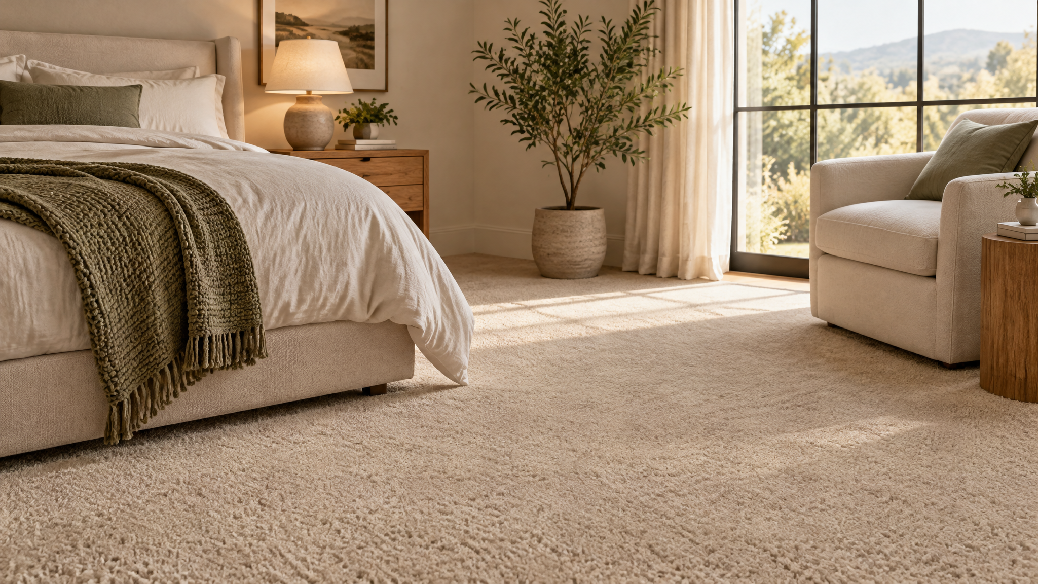 Gemütliches Zimmer mit hochwertigem Teppichboden in Sand-Beige